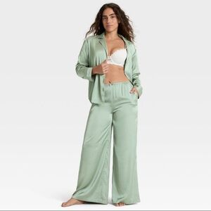 Women's Satin Pajama Pants and Long Sleeve- Auden™ Green L